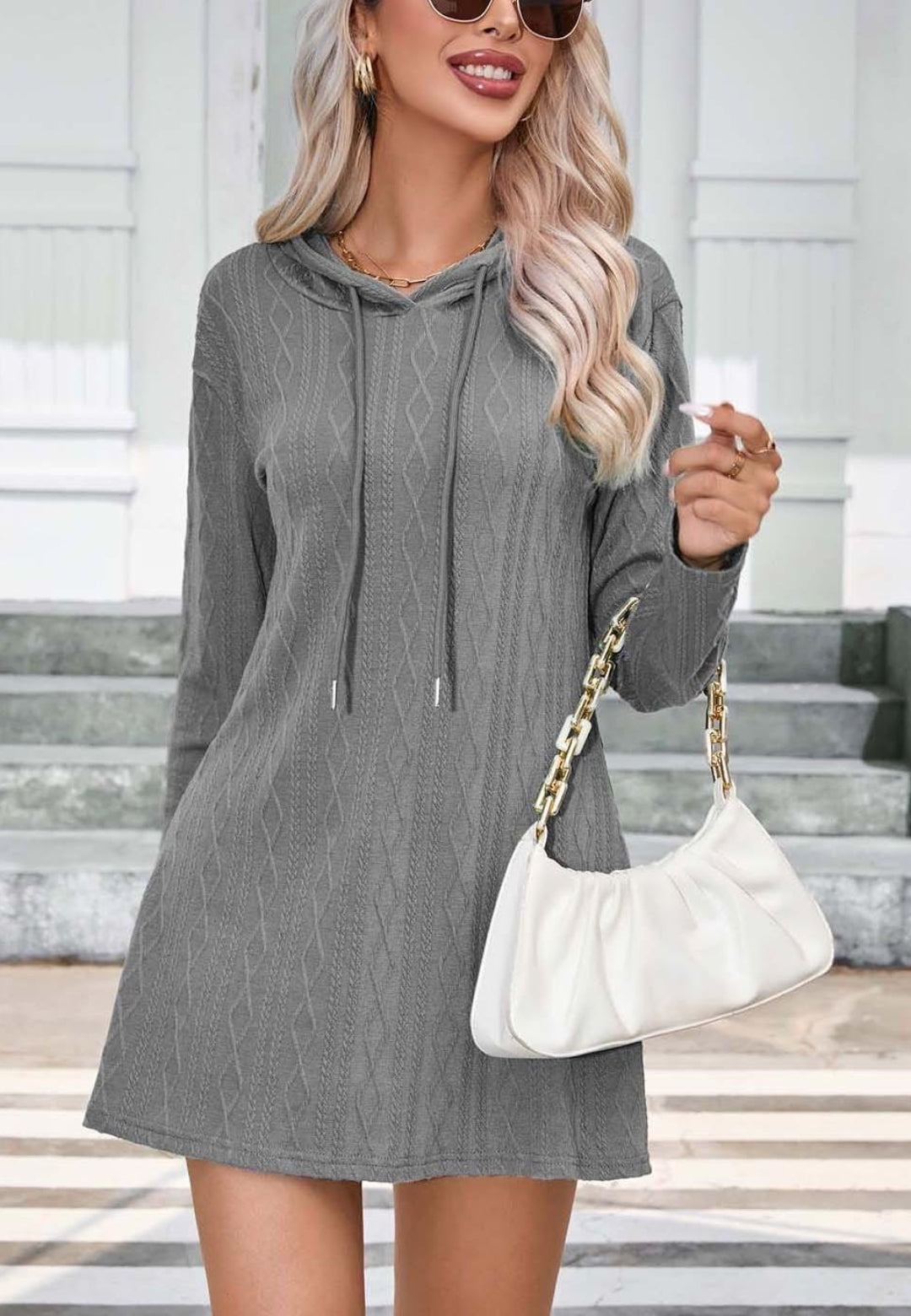 hooded knitted dress Hooded Knit Dress with Accent, Winter Clothing, Long Sleves Dress, Sweater Dress, Fall Dress, S / Black