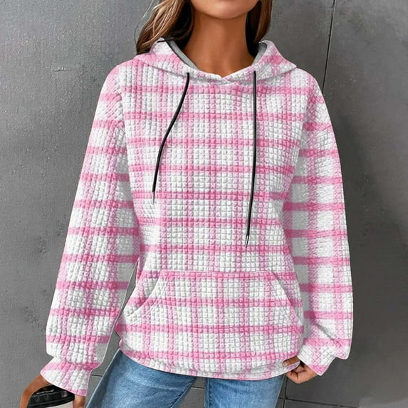 Cable Knit Hoodie Women,Womens 2023 Plaid Print Waffle Weave Hoodie Winter Fall Pocket Long Sleeves Sweatershirt,Women's Waffle Hoodies for Women Plaid