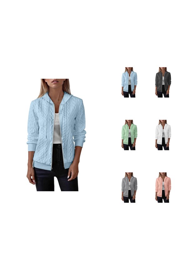 Cable Knit Hoodie for Women Fall Winter Long Sleeve Plain Zip Up Hooded Sweatshirt Jacket Coat Outerwear