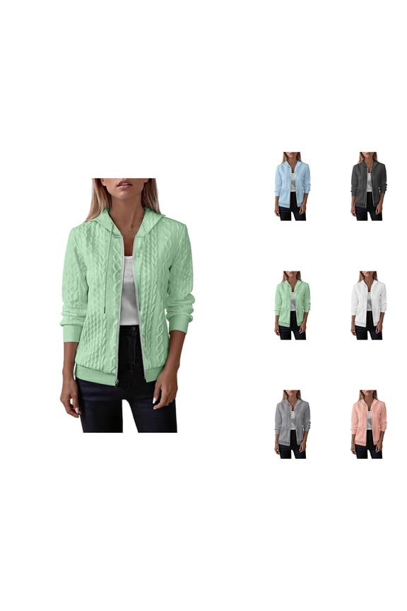 Cable Knit Hoodie for Women Fall Winter Long Sleeve Plain Zip Up Hooded Sweatshirt Jacket Coat Outerwear