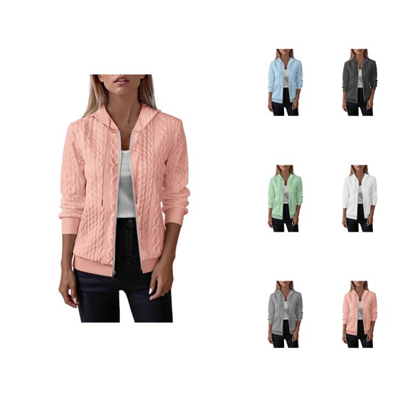 Cable Knit Hoodie for Women Fall Winter Long Sleeve Plain Zip Up Hooded Sweatshirt Jacket Coat Outerwear