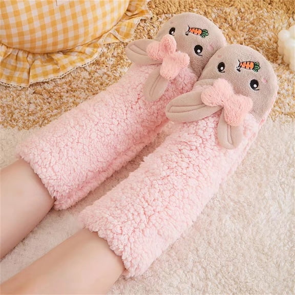 Cable Knit Mid Calf Socks for Women, Cartoon Carrot Bunny Socks with Plush Lamb Fleece, Anti-Slip Dots Floor Socks for Sleeping, Home Lounging, Cozy Winter Bed Socks for Indoor Wear