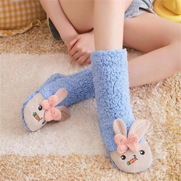 Cable Knit Mid Calf Socks for Women, Cartoon Carrot Bunny Socks with Plush Lamb Fleece, Anti-Slip Dots Floor Socks for Sleeping, Home Lounging, Cozy Winter Bed Socks for Indoor Wear