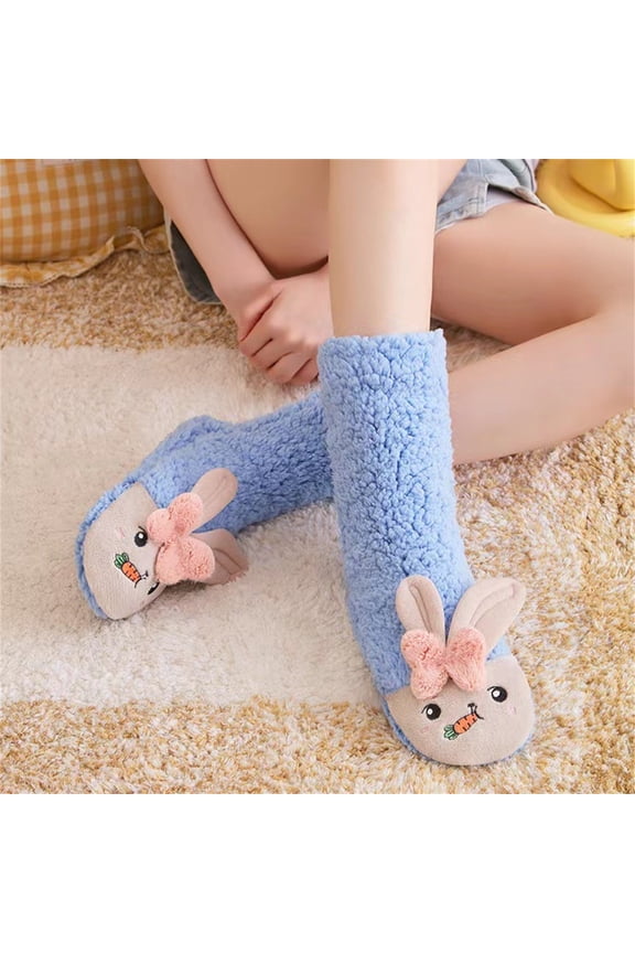 Cable Knit Mid Calf Socks for Women, Cartoon Carrot Bunny Socks with Plush Lamb Fleece, Anti-Slip Dots Floor Socks for Sleeping, Home Lounging, Cozy Winter Bed Socks for Indoor Wear