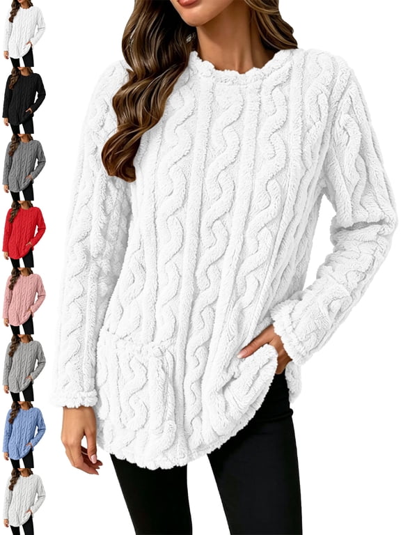 Cable Knit Pullover Sweater for Women Oversized Crewneck Long Sleeve with Pockets Side Slit Casual Fall Winter Top