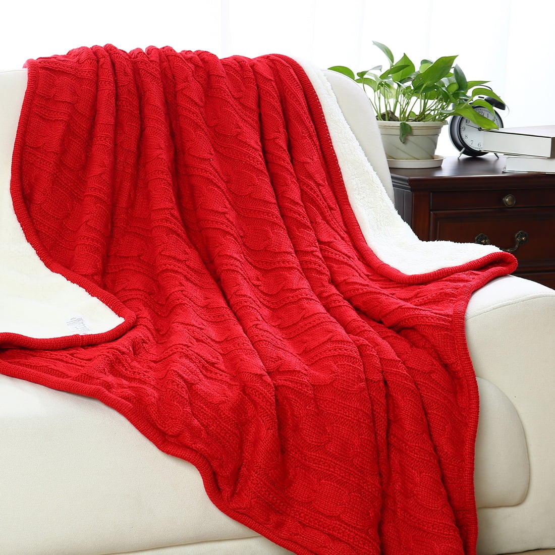 Cable Knit Reversible Fleece Throw Blanket, 50"x60", Red