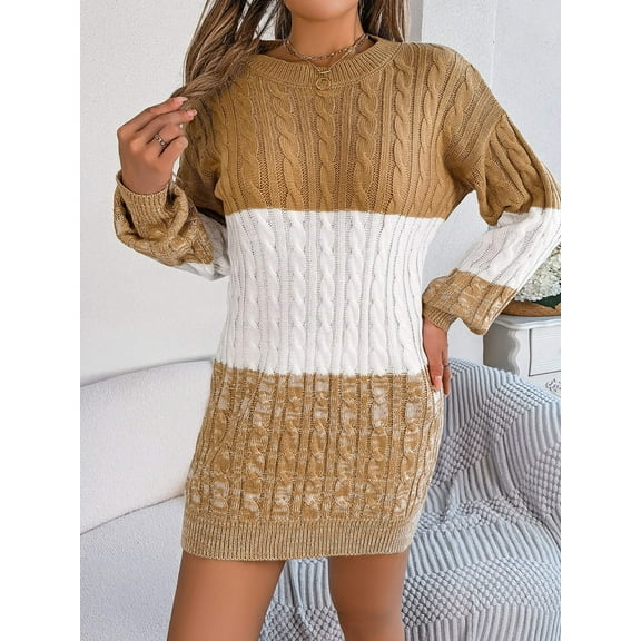 Beautiful Stree Cable-Knit Round Neck Color Block Dress, Women's