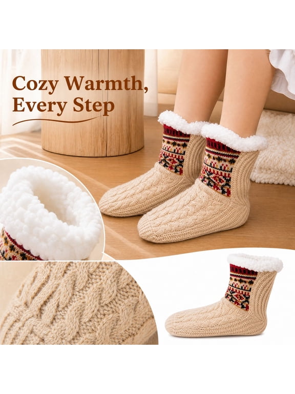 Cable Knit Short Bootie Slipper Socks Sherpa Fleece Lined Patterned Cuff Non Slip Winter House Socks S