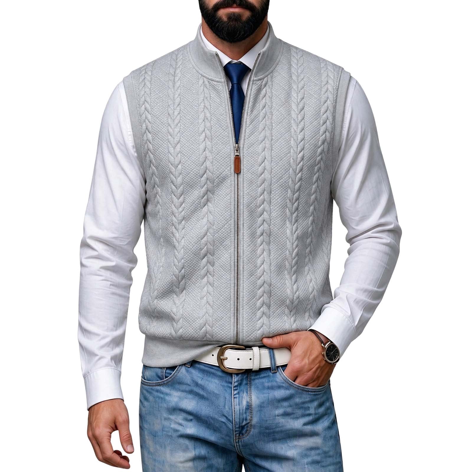 Cable Knit Stand Collar Full Zip Sleeveless Vest for Men - Walmart.com