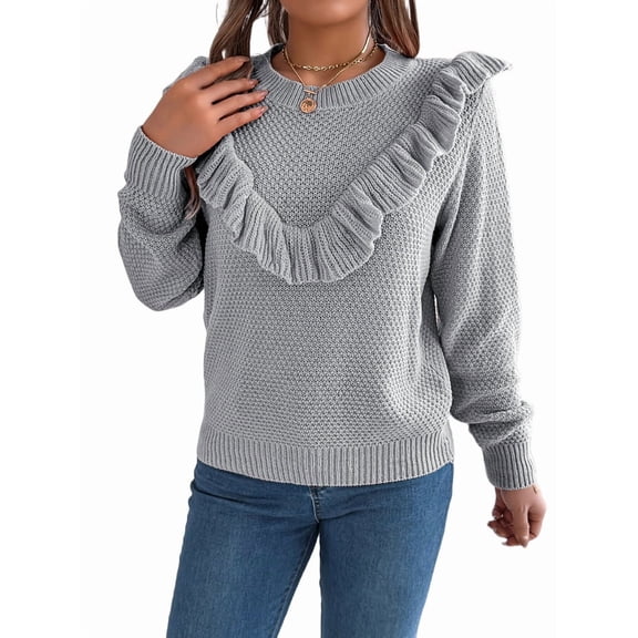 Cable Knit Striped Sweater for Women Crew Neck Oversized Long Sleeve Pullover Fall Winter Sweater Grey M
