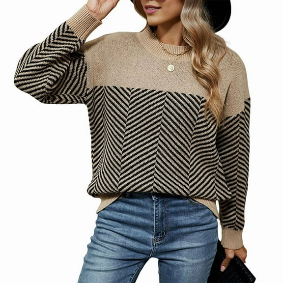 Cable Knit Striped Sweater for Women Crew Neck Oversized Long Sleeve Pullover Fall Winter Sweater Khaki M