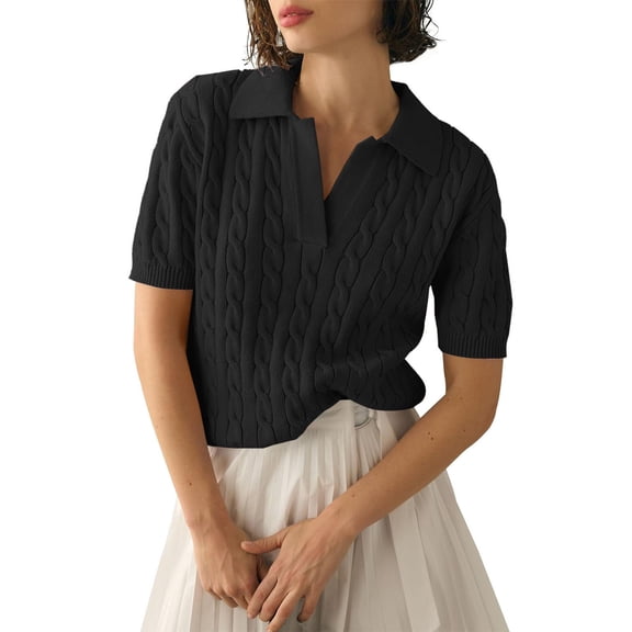 Cable Knit Sweater, Comdrip Women's Cable Short Sleeve Sweaters Tops Solid Lapel V Neck Knit Casual Soft Pullover Shirt Summer Sweaters for Women Black M