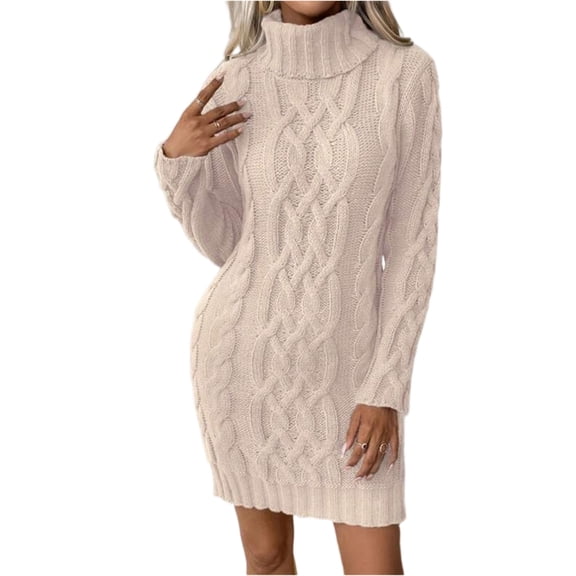 Cable Knit Sweater Dress, Solid Color Long Sleeve High Neck Tunic Dress, Cozy Casual Winter Dress for Women, Holiday & Cold Weather Beige M