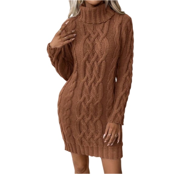 Cable Knit Sweater Dress, Solid Color Long Sleeve High Neck Tunic Dress, Cozy Casual Winter Dress for Women, Holiday & Cold Weather Brown S