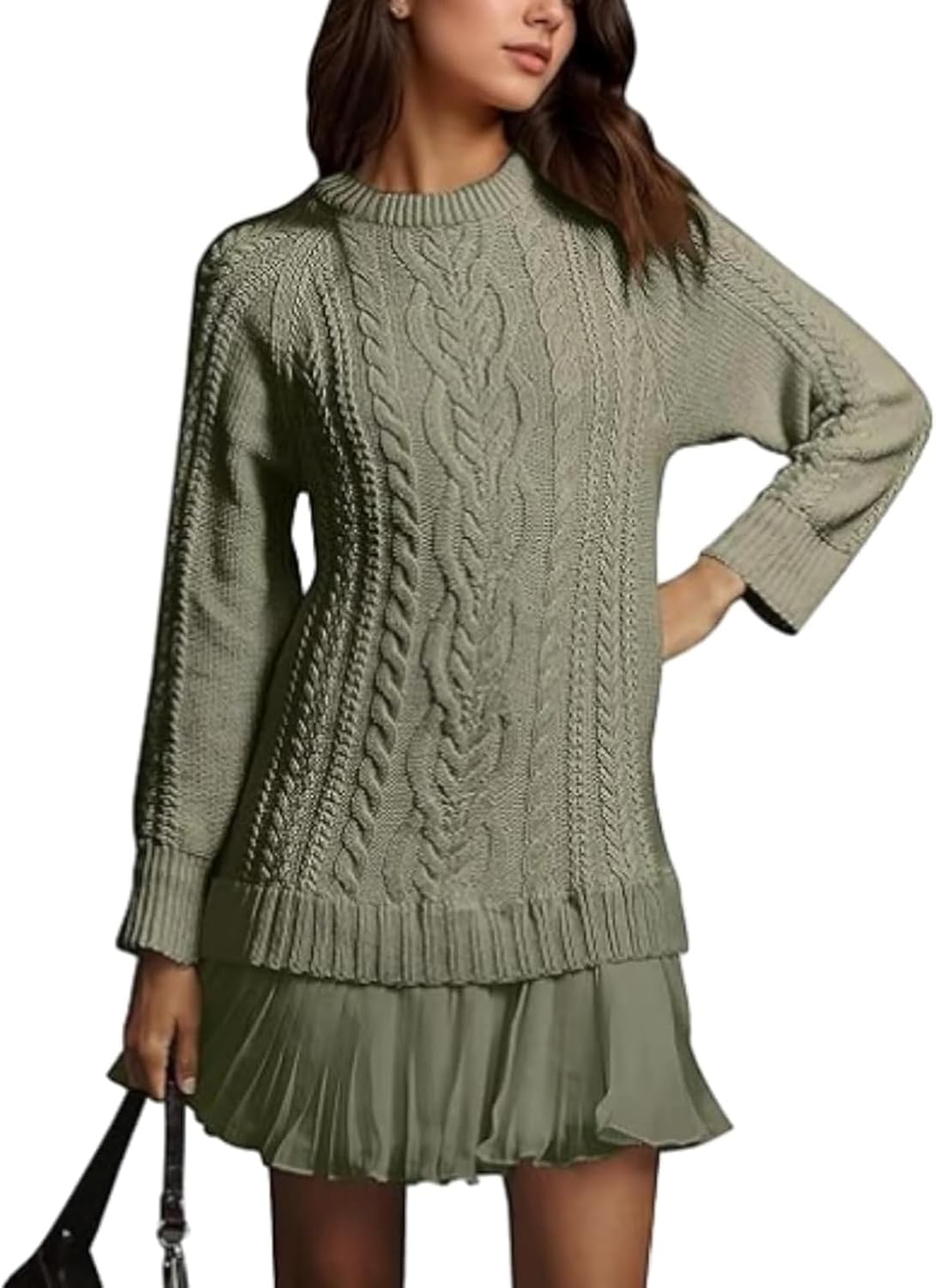 Sweater Dress Women's Cable Knit - Crewneck Long Sleeve Mini Dress With  Patchwork Pleated Skirt Women's Knit Dress