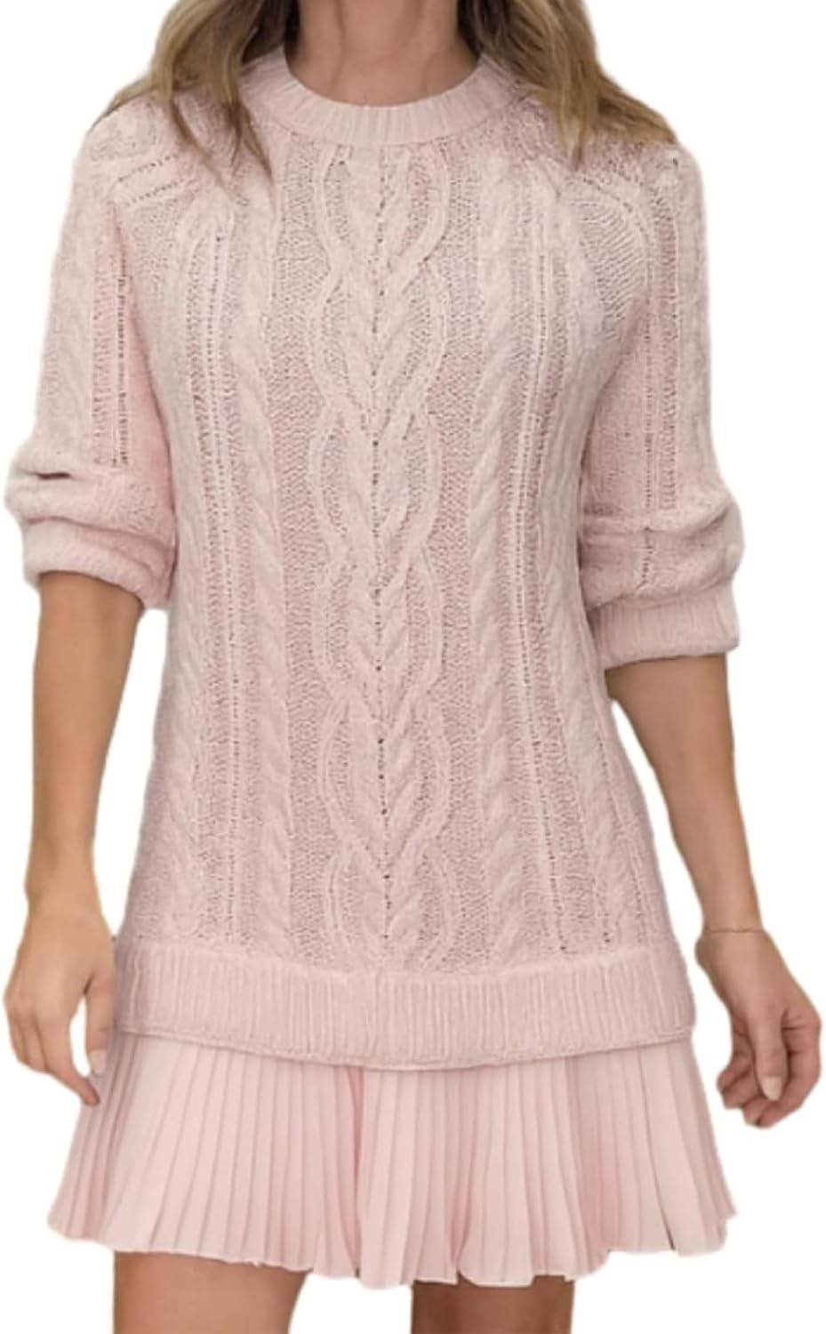 twofer cable knit sweater dress Letdown Women Cable Knit Sweater Dress Crewneck Long Sleeve Pleated Mini Dress  Twofer Style Patchwork Dress BU2, M