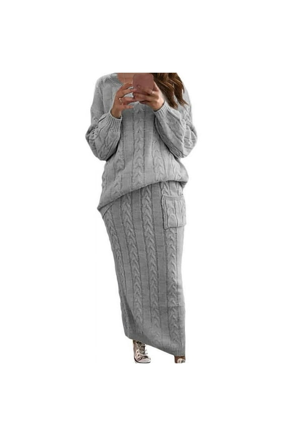 Cable Knit Sweater Dress Women Two Piece Knit Set Long Sleeve Crewneck Tops and Stretchable Knit Skirt with Pockets