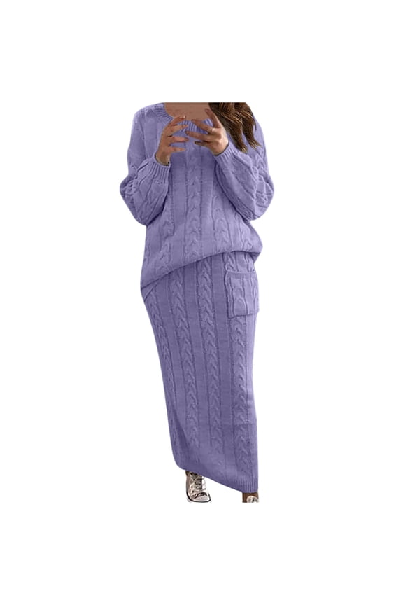 Cable Knit Sweater Dress for Women Solid Slim Fitting Sweater Dress Set 2 Piece Crewneck Tops Pencil Midi Skirt Set
