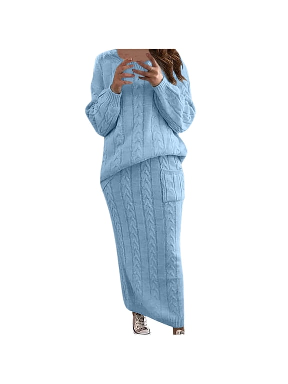 Cable Knit Sweater Dress for Women Solid Slim Fitting Sweater Dress Set 3 Piece Crewneck Tops Pencil Midi Skirt Set
