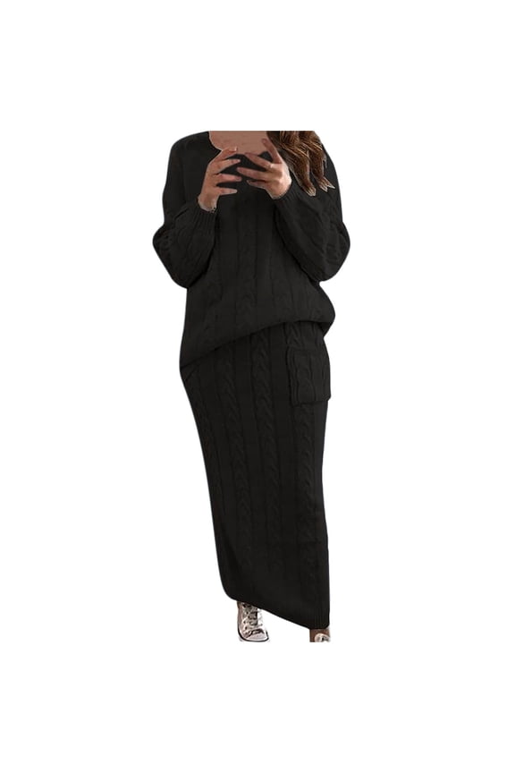 Cable Knit Sweater Dress for Women Solid Slim Fitting Sweater Dress Set 2 Piece Crewneck Tops Pencil Midi Skirt Set