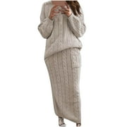 DRINDF Cable Knit Sweater Dress for Women Solid Slim Fitting Sweater Dress Set 2 Piece Crewneck Tops Pencil Midi Skirt Set