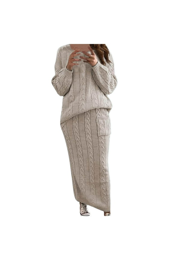 Cable Knit Sweater Dress for Women Solid Slim Fitting Sweater Dress Set 2 Piece Crewneck Tops Pencil Midi Skirt Set