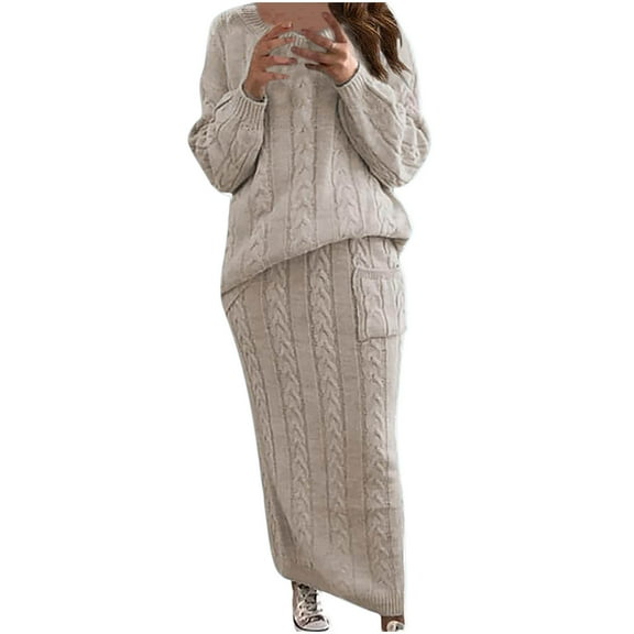 Cable Knit Sweater Dress for Women Solid Slim Fitting Sweater Dress Set 2 Piece Crewneck Tops Pencil Midi Skirt Set