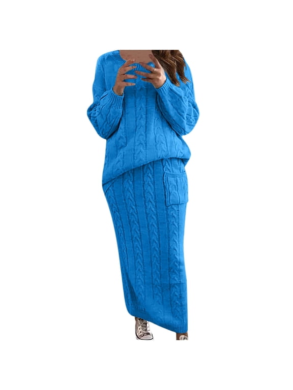 Cable Knit Sweater Dress for Women Solid Slim Fitting Sweater Dress Set 2 Piece Crewneck Tops Pencil Midi Skirt Set