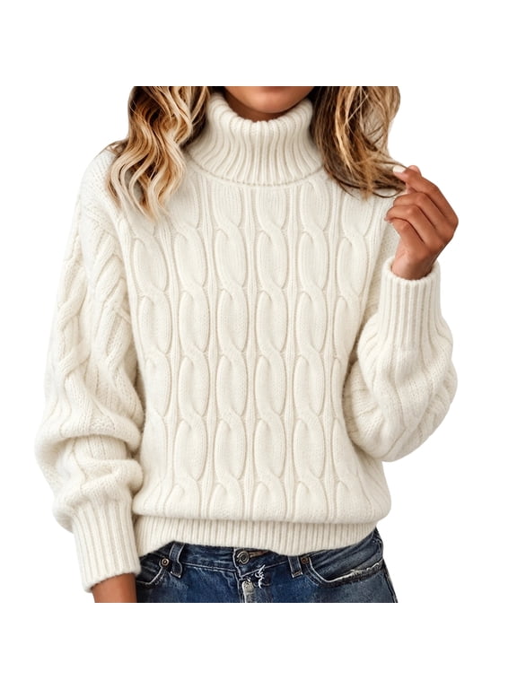 Cable Knit Sweater Women Chunky Turtleneck Fall Pullover Fleece Sweaters,S