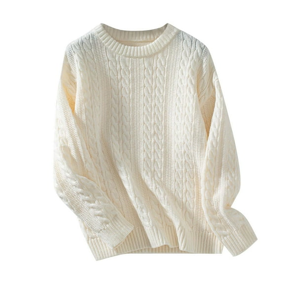 Cable Knit Sweater Women Fall Winter Solid Color Round Neck Long Sleeved Casual Pullover Knitted Tops