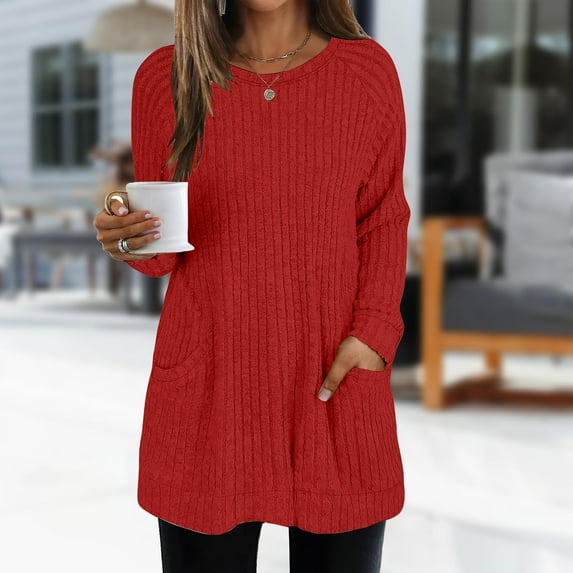 Cable Knit Sweater Women Long Sleeve Shirts For Women Casual Tops Loose Fit Rib Knit Lightweight Long Sweater Crew Neck Pullover With Pockets