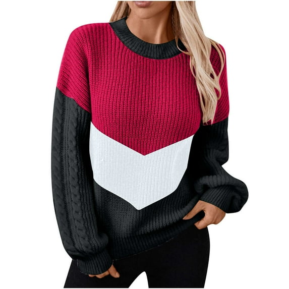 Cable Knit Sweater Women Sevevn Women's Casual Round Neck Long Sleeve Sweater Knitted Color Contrast Loose Blouse