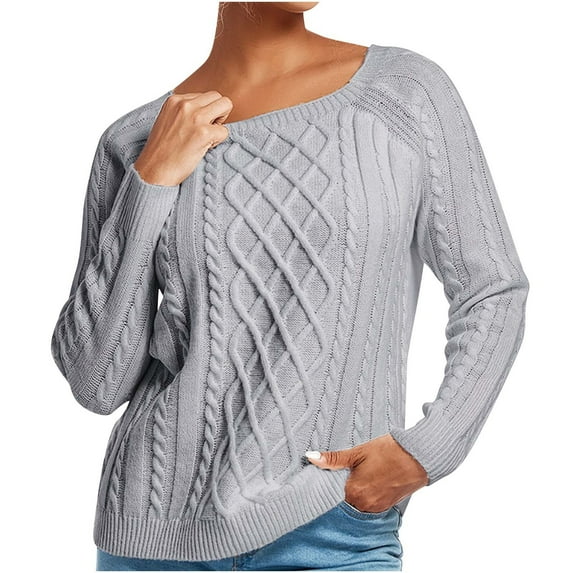 Cable Knit Sweater Women Sevevn Women's Long Sleeved Loose Solid Color Round Neck Pullover Knitted Sweater
