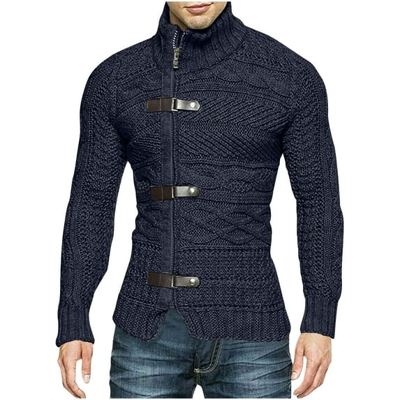 Cable Knit Sweater for Men Solid Color Stabd Collar Sweater Long Sleeve Cardigan Jacket with Leather Buckle Blue 2XL