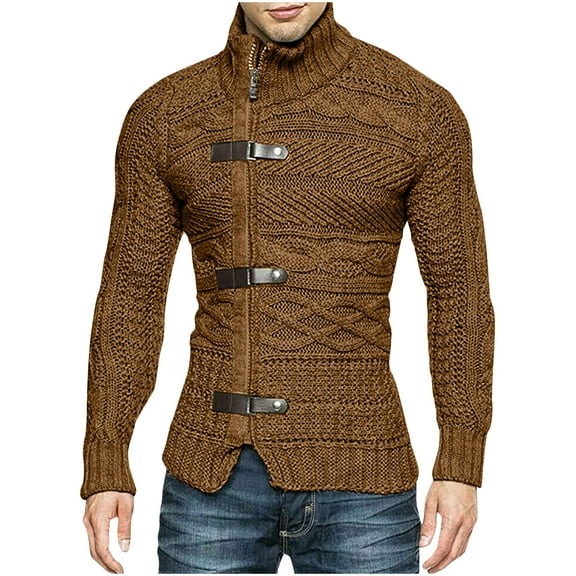 Cable Knit Sweater for Men Solid Color Stabd Collar Sweater Long Sleeve Cardigan Jacket with Leather Buckle Brown 3XL