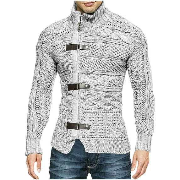 Cable Knit Sweater for Men Solid Color Stabd Collar Sweater Long Sleeve Cardigan Jacket with Leather Buckle Gray M