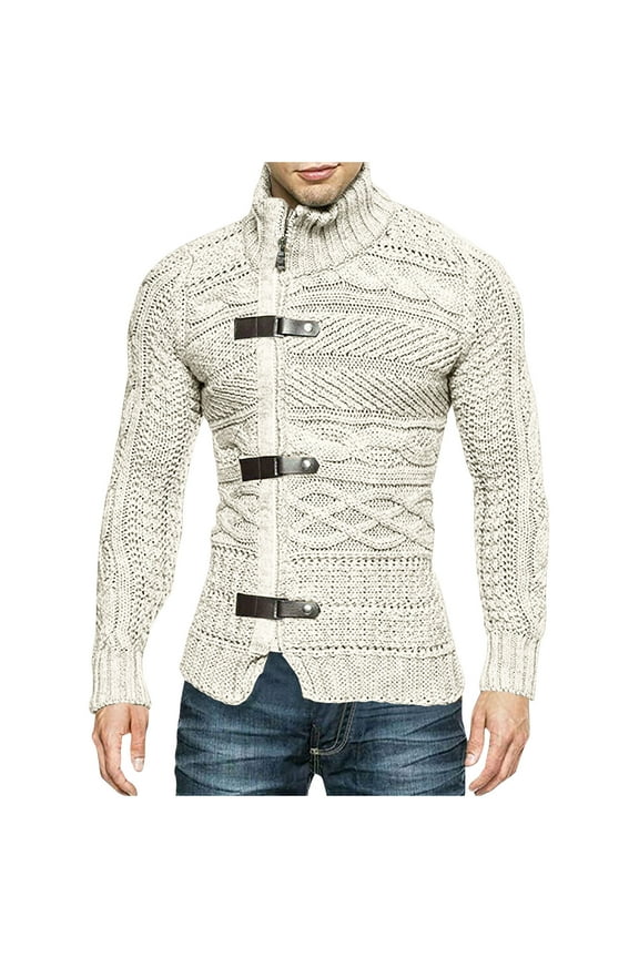 Cable Knit Sweater for Men Solid Color Stabd Collar Sweater Long Sleeve Cardigan Jacket with Leather Buckle White 3XL
