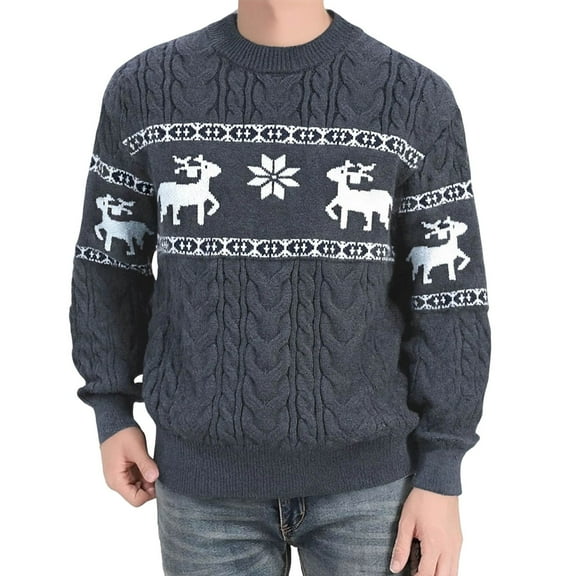 Cable Knit Sweater for Men Vintage Christmas Pullover Tops Casual Crewneck Long Sleeve Sweaters for Fall and Winter Dark Gray M
