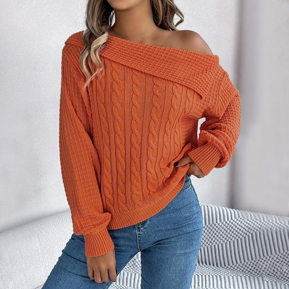 Cable Knit Sweater for Women Fashionable Off The Shoulder Crew Neck Sweaters Solid Color Fall Winter Business Casual Outfits Pullover Tops