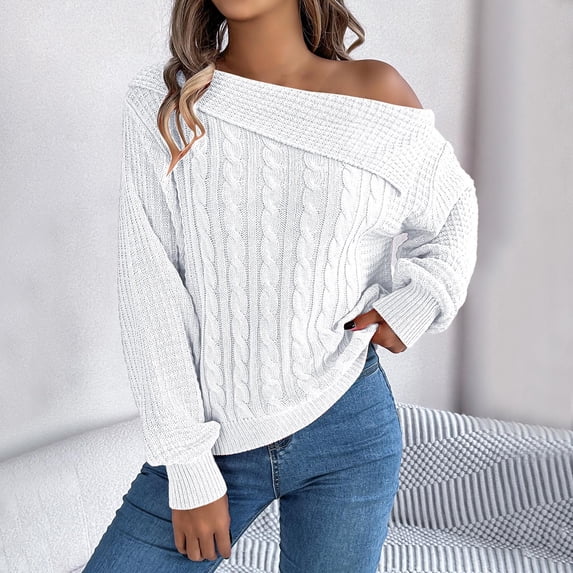 Cable Knit Sweater for Women Fashionable Off The Shoulder Crew Neck Sweaters Solid Color Fall Winter Business Casual Outfits Pullover Tops