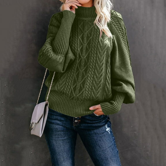 Cable Knit Sweater for Women High Neck Lightweight Sweaters Loose Solid Color Fall Long Sleeve Pullovers Top Winter Clothes