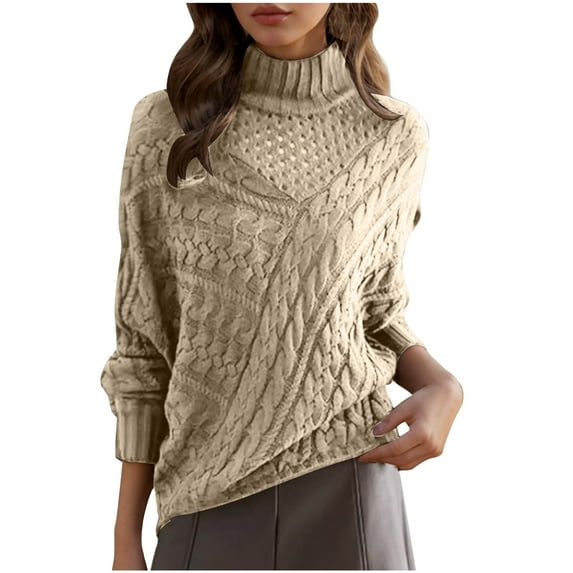 Cable Knit Sweater for Women Long-Sleeve Solid-Color Turtleneck Sweaters Trendy Fall Winter Pullover Tops Khaki XL