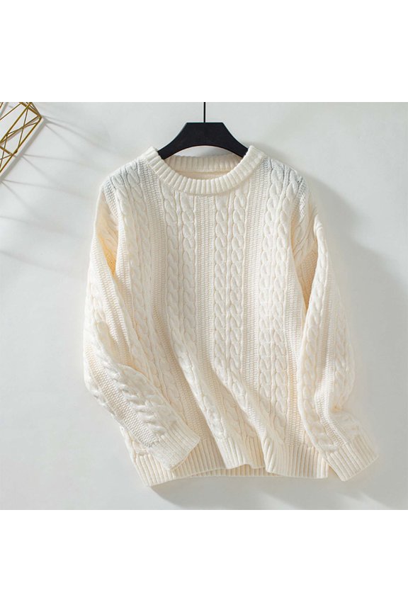Cable Knit Sweater for Women Loose Comfortable Crew Neck Sweaters Ripple Pattern Solid Color Fall Long Sleeve Pullovers Top Winter Clothes