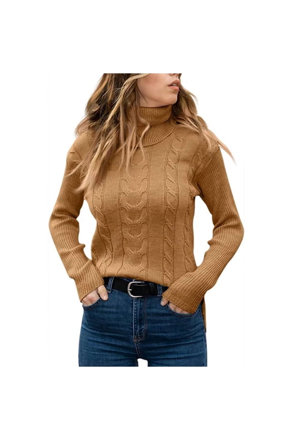Cable Knit Sweater for Women Solid Color High Neck Sweaters Loose Fit Comfortable Fall Long Sleeve Pullovers Top Winter Clothes Brown L