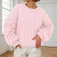 thumbnail image 1 of Cable Knit Sweater for Women Threaded Solid Color Crew Neck Sweaters Vintage Design Fall Long Sleeve Pullovers Top Winter Clothes Pink L, 1 of 4