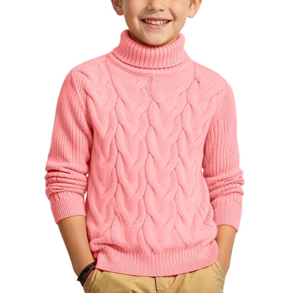 Cable Knit Sweaters Boys Girls Turtle Neck Long Sleeve Winter Sweater School Unisex Pullover Kids Fall Clothes Pink, 4 Y
