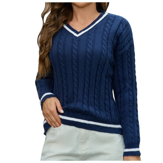 Cable Knit Sweaters Womens Trendy Fall Casual V Neck Color Block Pullover Stretchy Comfy Long Sleeve Top (S, Blue)