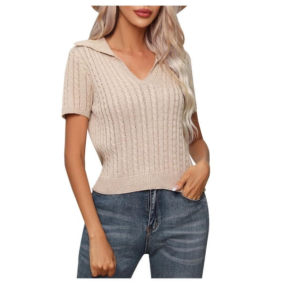 Cable Knit Sweaters for Women Business Casual Short Sleeve Collared Shirts Summer Fall Soft Loose Pullover Khaki S