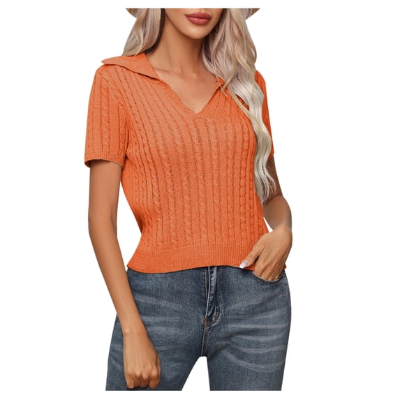 Cable Knit Sweaters for Women Business Casual Short Sleeve Collared Shirts Summer Fall Soft Loose Pullover Orange M