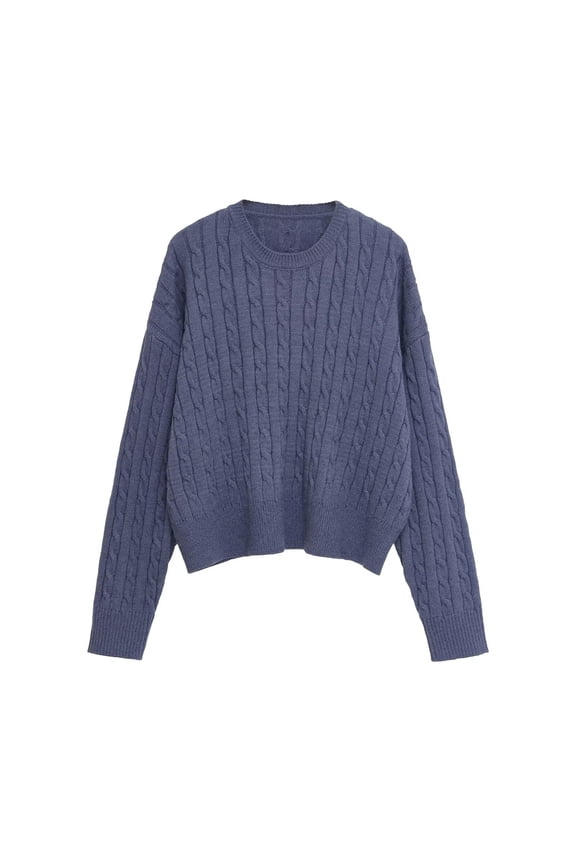 Cable Knit Sweaters for Women Casual Long Sleeve Tops Warm Crew Neck Navy M